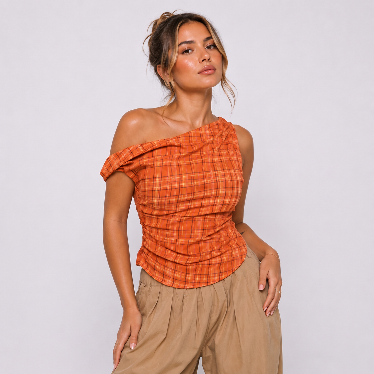 Orange Plaid Off-Shoulder Top