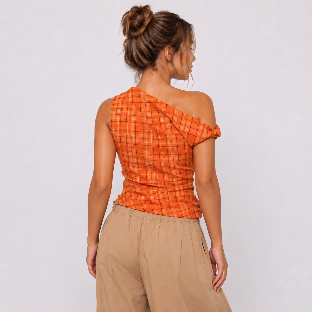 Orange Plaid Off-Shoulder Top
