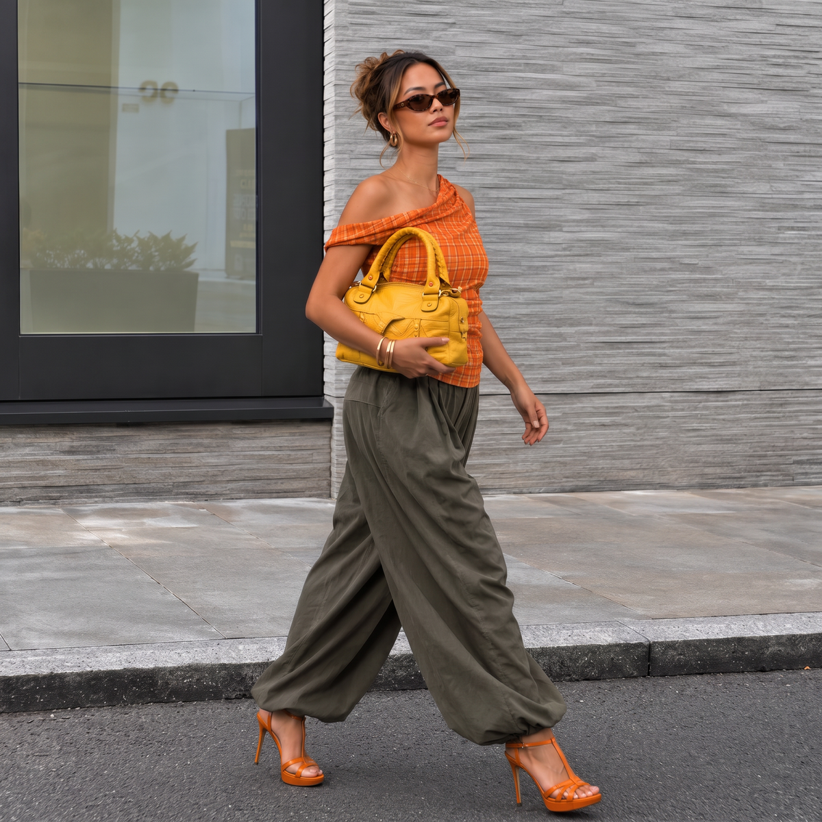 Orange Plaid Off-Shoulder Top